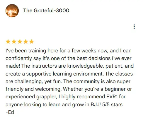 Screenshot of a five-star Google review from an adult student at Everyone Jiu Jitsu