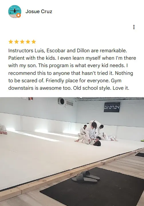 Screenshot of a five-star Google review naming instructors Luis, Escobar and Dillon